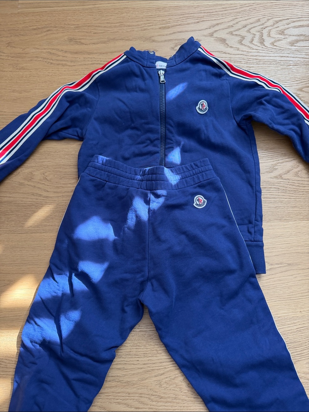 Moncler Navy Blue Kids Track Set with Red & White Stripe Accents